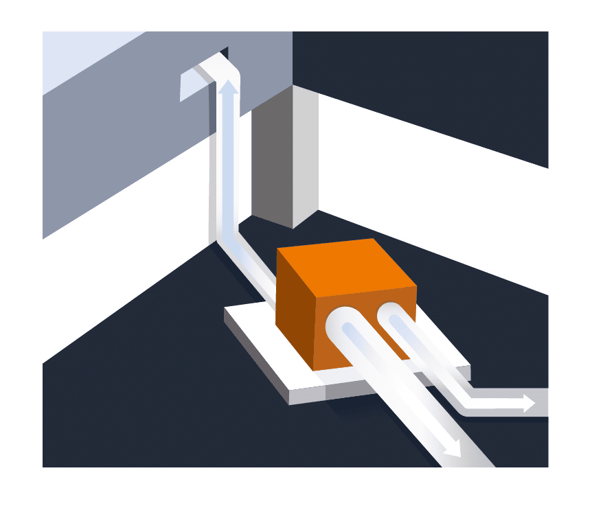 Drybox En stiliserad illustration av vita pilar som flyter genom en orange kub och in i två vita rör antyder luftflödet i en vindsavfuktare, mot en mörk bakgrund med geometriska former som frammanar ett rumshörn.