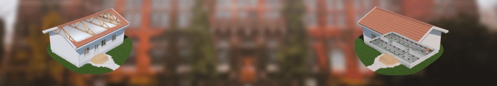 Drybox Två små husmodeller på gräs, en med en exponerad takkonstruktion och den andra som visar en utskuren interiör, belyser vikten av avfuktare för effektiv krypgrundsavfuktning, mot en suddig tegelbyggnadsbakgrund.