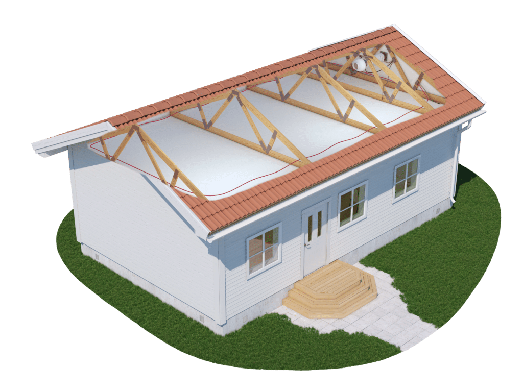 Installationsillustration av Dryattic vindsavfuktare pa en kallvind pa en svensk vit villa med rott tegel.