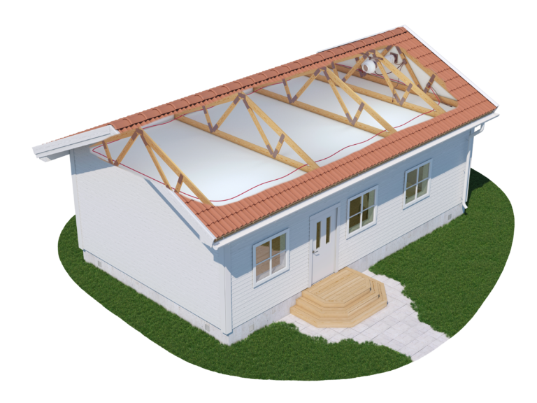 Drybox 3D-illustration av ett vitt hus med delvis synligt tak, med trästolar och ett rött tegeltak – perfekt för att visa upp vindsvampar. Huset har tre fönster, en ytterdörr med trappsteg, gräs och en gångväg.