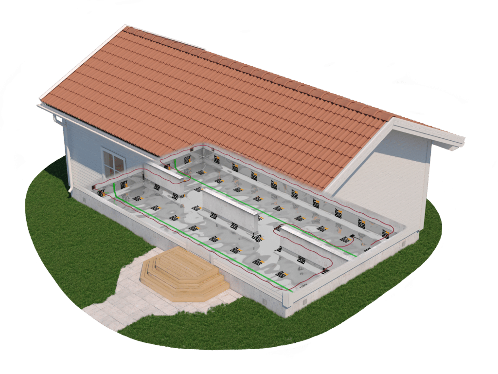 DryHeat installerad i krypgrund pa vit villa med krypgrundsisolering fran Drybox