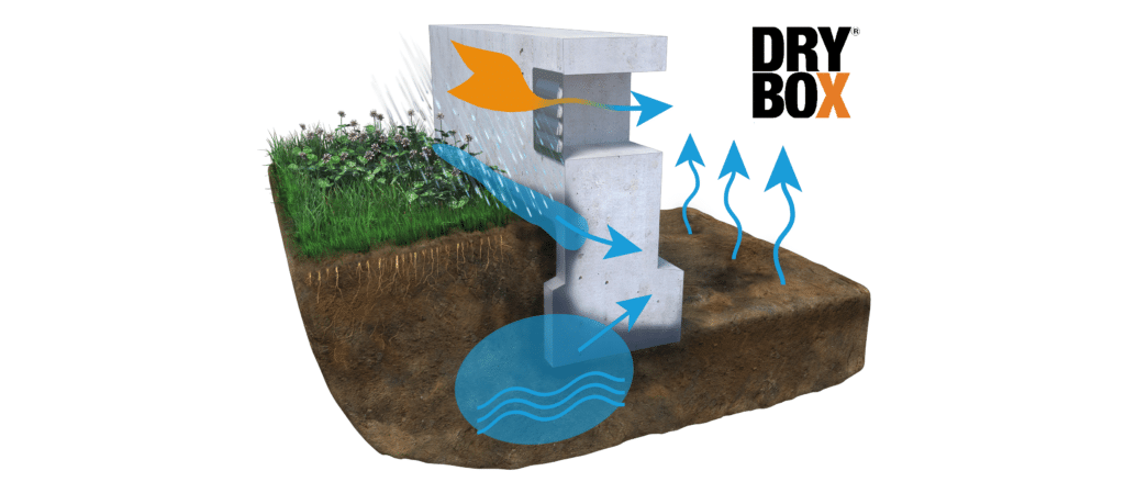 Drybox Ett tvärsnitt av en betonggrundmur med pilar som visar vatten och fukt som leds bort från konstruktionen, med gräs, jord ovanför och DRY BOX-logotypen – perfekt för krypgrundsavfuktningslösningar.