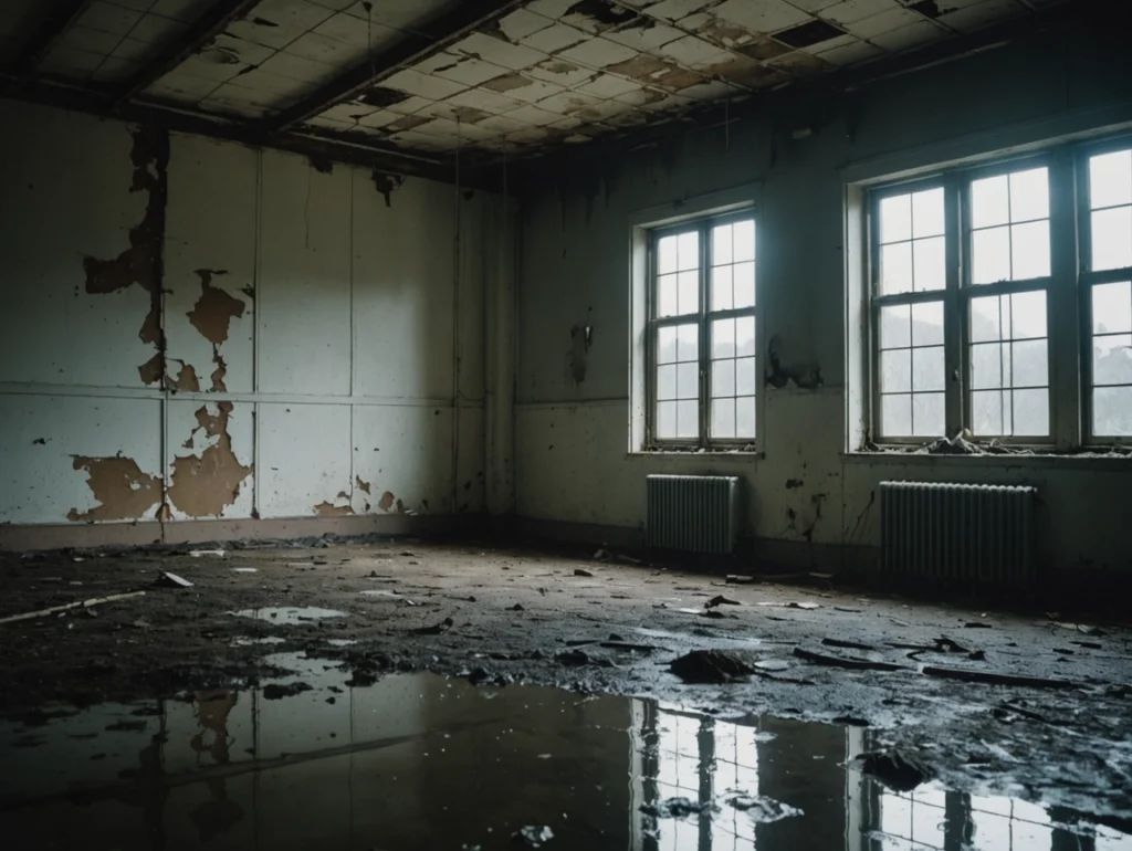 Drybox Ett stort, övergivet rum med flagnande färg, trasiga takplattor, smutsiga fönster, två element och vattenpölar på det skräpiga golvet visar på effekterna av fukt i byggnader och skapar en dyster och försummad atmosfär.