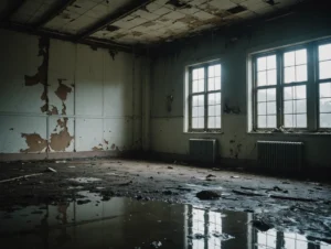 Drybox Ett stort, övergivet rum med flagnande färg, trasiga takplattor, smutsiga fönster, två element och vattenpölar på det skräpiga golvet visar på effekterna av fukt i byggnader och skapar en dyster och försummad atmosfär.